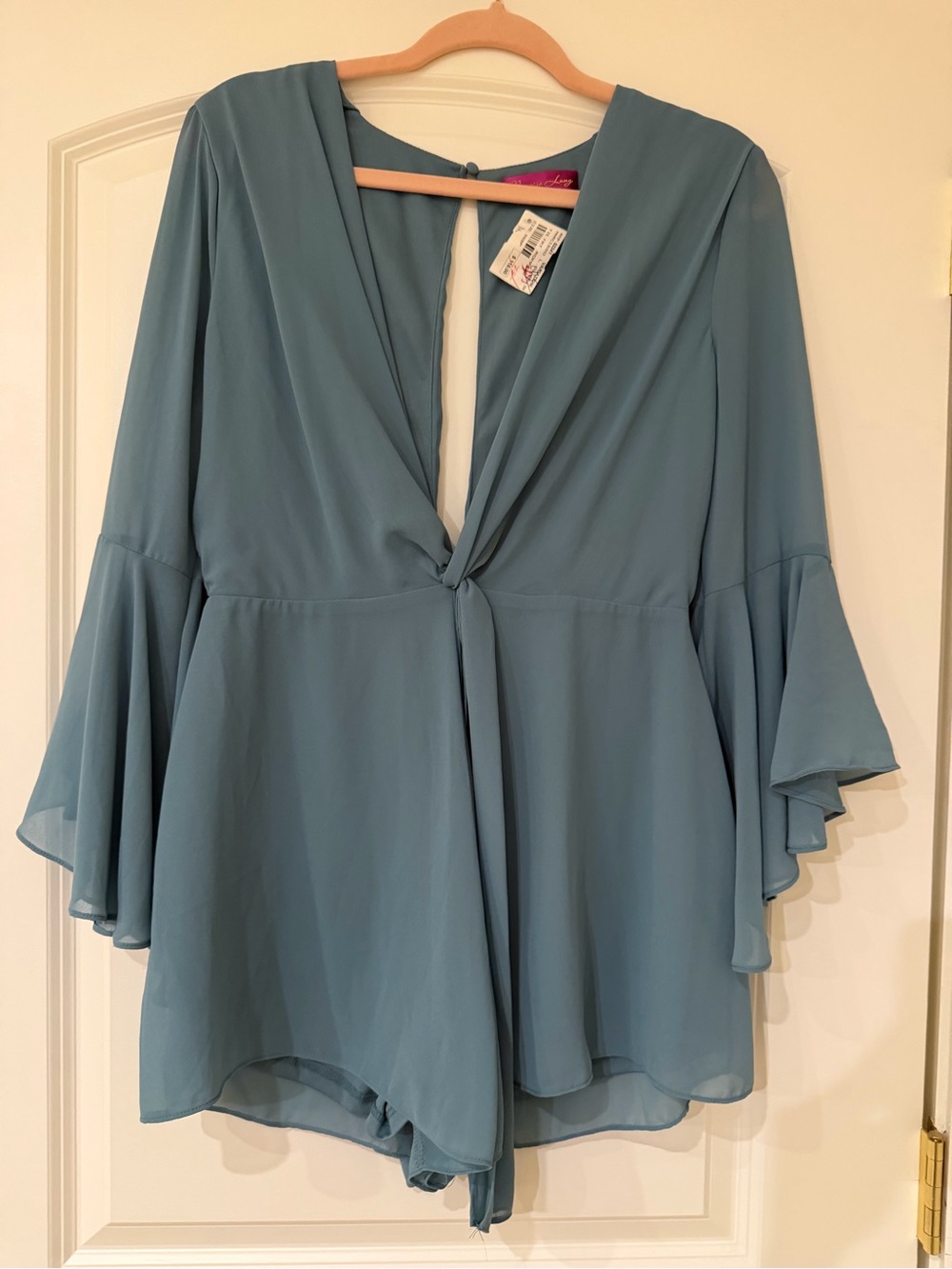 Women’s Light Blue Tie-Front Bell Sleeve romper